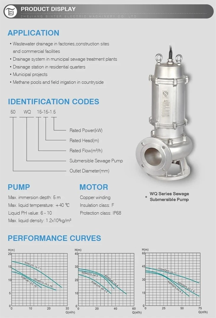 Factory Supply 80WQ45-9-2.2SSlurry Stainless Steel Sewage Submersible Pump Factory Supply 80WQ45-9-2.2SSlurry Stainless Steel Sewage Submersible Pump